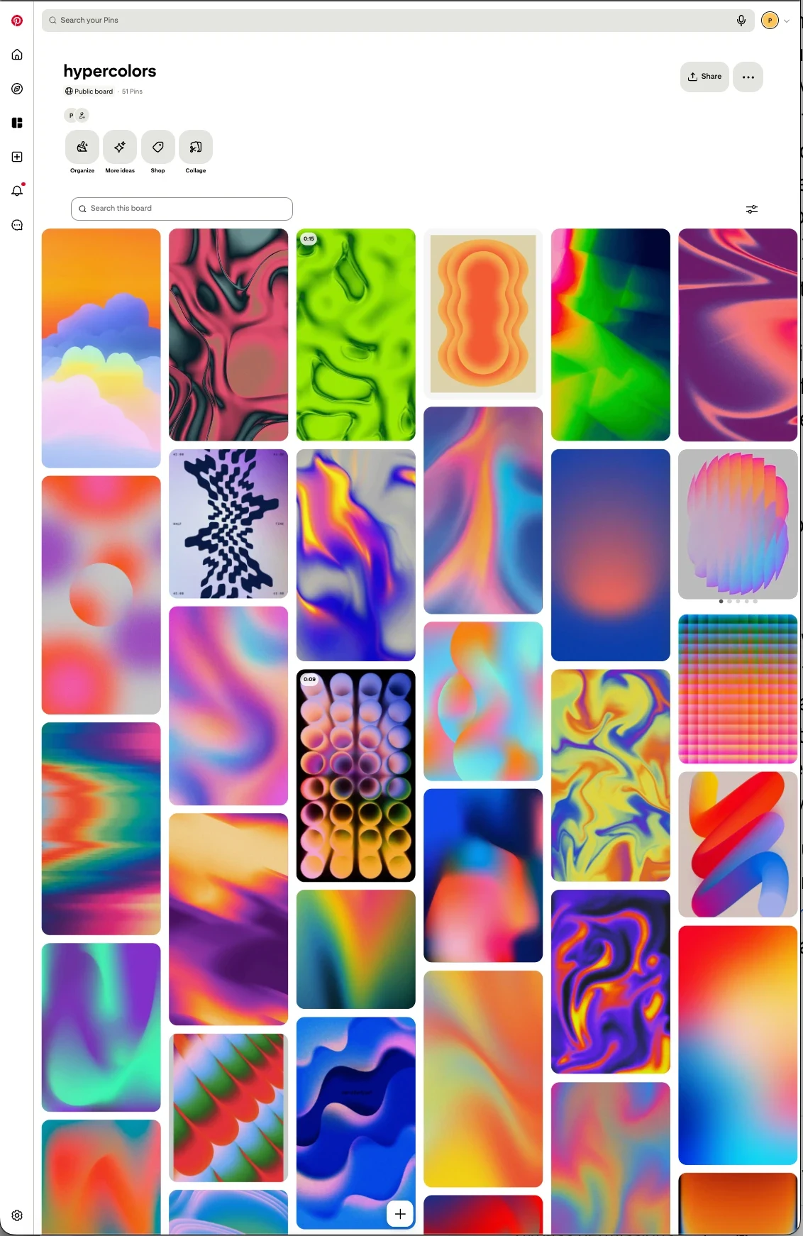 The real Hypercolors Pinterest board — a wall of saturated gradient and chrome pins