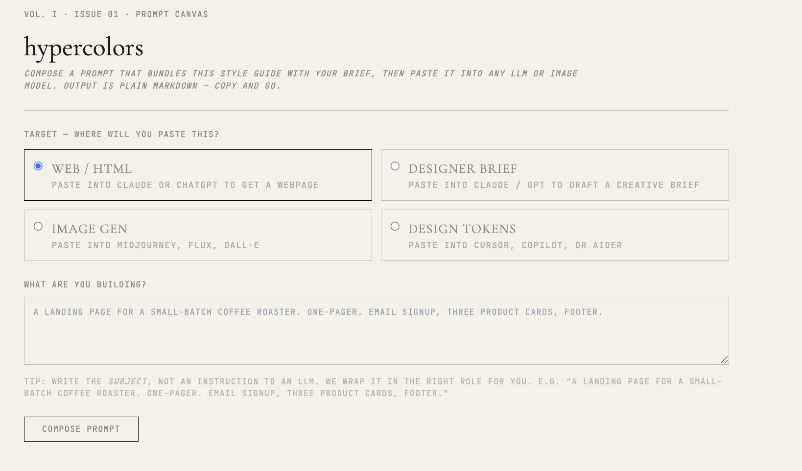 The Hypercolors prompt canvas — four paste targets (Web/HTML, Designer brief, Image gen, Design tokens), a brief field, and a compose button
