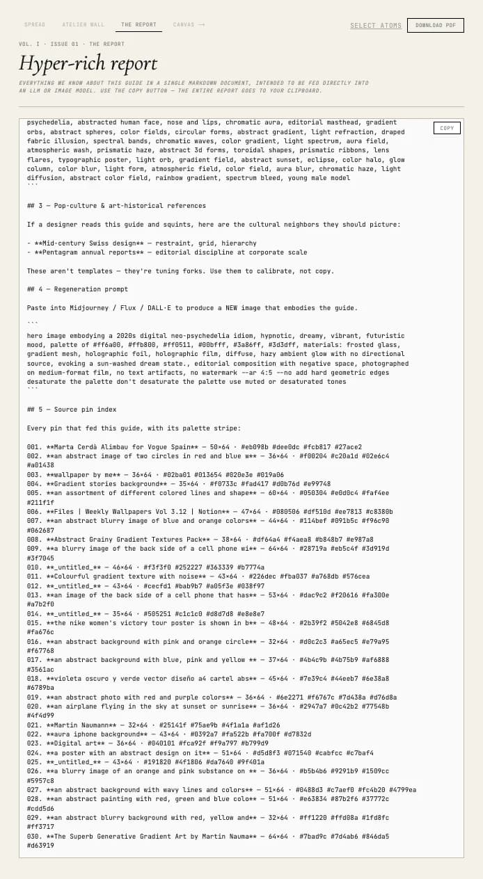 The Hypercolors hyper-rich report — a single markdown document with descriptors, references, regeneration prompt, and source pin index, behind a copy button