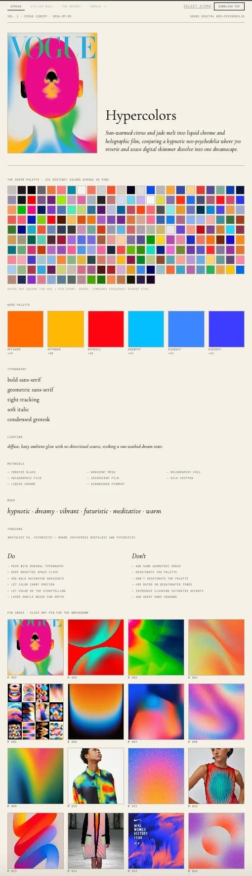 The Hypercolors spread — cover art, thesis, and the 231-color super palette