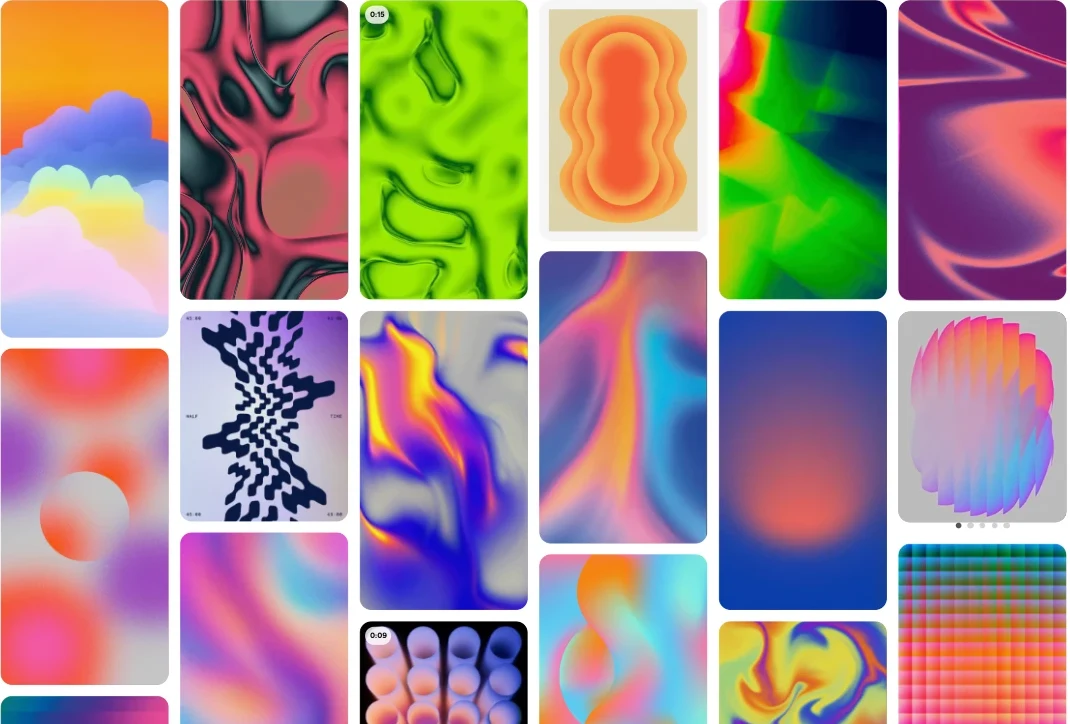 The Hypercolors pins hung edge to edge — gradients, chrome, and neon abstractions